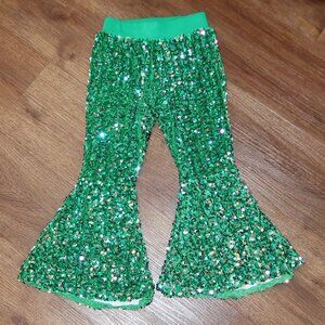Toddler Girls Boutique Green Sparkly Sequin Velvet Wide Leg Flare Pants size 3T